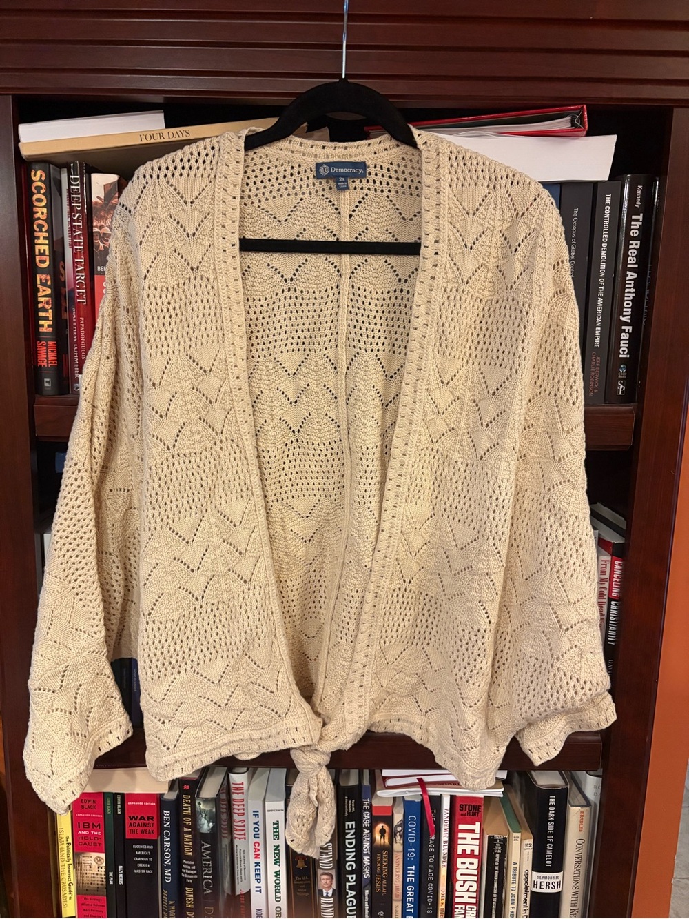 Democracy Cream Open-Weave Tie-Front Cardigan